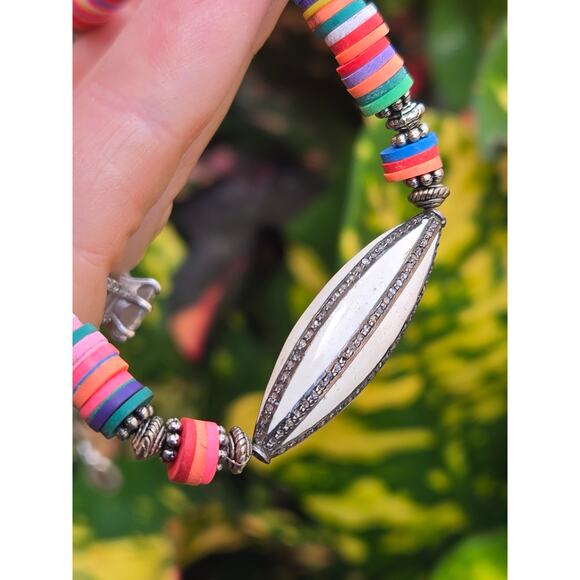 Multi Color Puka Shell Necklace w/Pave Diamond, Sterling Silver & White Enamel - Picture 10 of 10